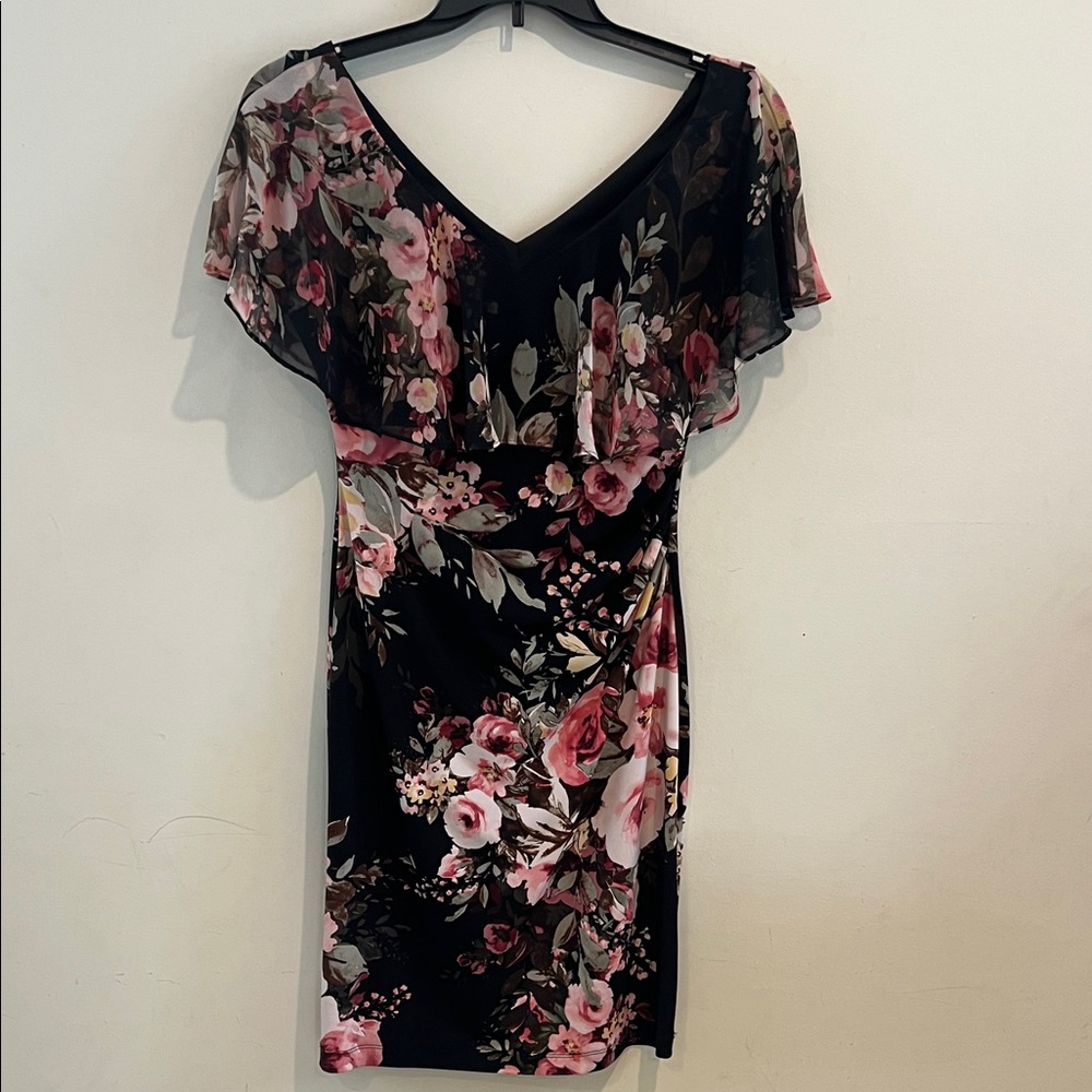 Connected Apparel Black and Pink Floral Mini Dress Size 6